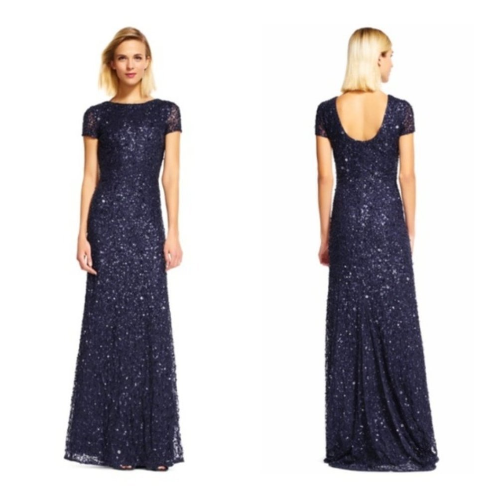 Adrianna Papell Deep Blue Sequined Cap Sleeve Gown SZ 4